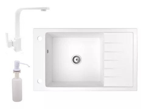 Gránit mosogató NERO Grande + Design csaptelep + dugóemelő (fehér)