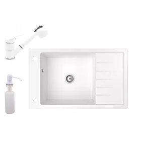   Gránit mosogató NERO Grande + kihúzható zuhanyfejes Shower csaptelep + adagoló (fehér)