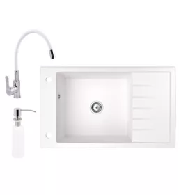   Gránit mosogató NERO Grande + flexibilis csaptelep + adagoló (fehér)