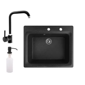   Gránit mosogató NERO Italia + Steel csaptelep + adagoló (fekete)