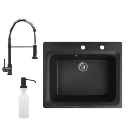   Gránit mosogató NERO Italia + kihúzható Spiral csaptelep + adagoló (fekete)