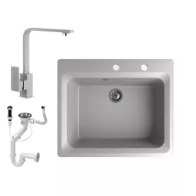   Gránit mosogató NERO Italia + Design csaptelep + dugóemelő (szürke)