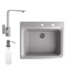   Gránit mosogató NERO Italia + Design csaptelep + adagoló (szürke)