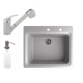  Gránit mosogató NERO Italia + kihúzható Shower csaptelep + adagoló (szürke)