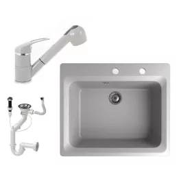   Gránit mosogató NERO Italia + kihúzható Shower csaptelep + dugóemelő (szürke)