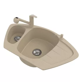   Gránit mosogató NERO Compact + kihúzható zuhanyfejes Shower csaptelep + adagoló (bézs)