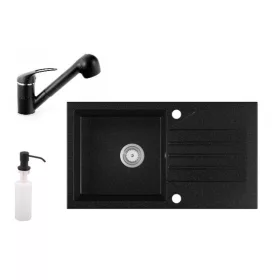  Gránit Mosogató EOS Evinion + kihúzhaató zuhanyfejes Shower csaptelep + adagoló (fekete)