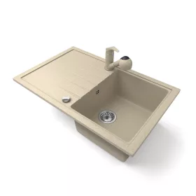   Gránit mosogató NERO Eris + kihúzható zuhanyfejes Shower csaptelep + dugókiemelő (bézs)