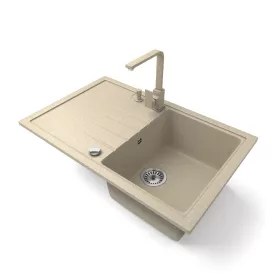  Gránit mosogató NERO Eris + Design csaptelep + adagoló + dugókiemelő (bézs)