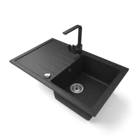   Gránit mosogató NERO Eris + Design csaptelep + adagoló + dugókiemelő (fekete)