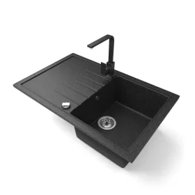   Gránit mosogató NERO Eris + Design csaptelep + dugókiemelő (fekete)