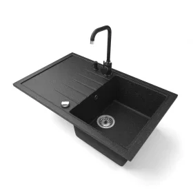   Gránit mosogató NERO Eris + Steel csaptelep + adagoló + dugókiemelő (fekete)