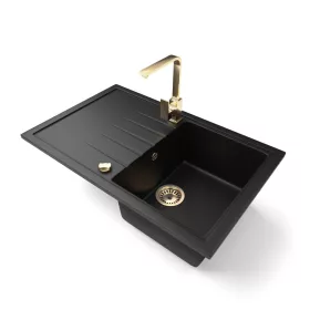   Gránit mosogató NERO Eris + Design Gold csaptelep + dugókiemelő (matt fekete)