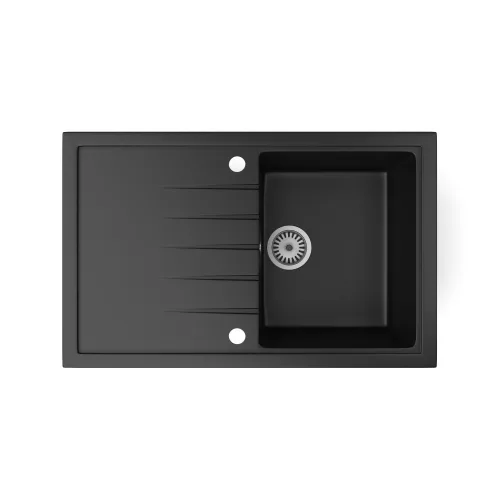 Gránit mosogató NERO Eris + Design csaptelep + adagoló + dugókiemelő (matt fekete)