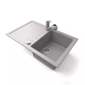   Gránit mosogató NERO Eris + kihúzható zuhanyfejes Shower csaptelep + dugókiemelő (szürke)