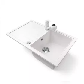  Gránit mosogató NERO Eris + kihúzható zuhanyfejes Shower csaptelep + dugókiemelő (fehér)
