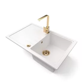   Gránit mosogató NERO Eris + Design Gold csaptelep + dugókiemelő (fehér)