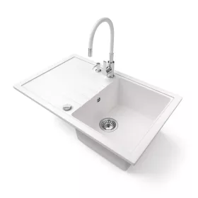   Gránit mosogató NERO Eris + flexibilis csaptelep + adagoló + dugókiemelő (fehér)