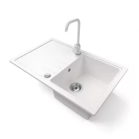   Gránit mosogató NERO Eris + Steel csaptelep + dugókiemelő (fehér)