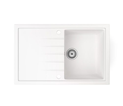 Gránit mosogató NERO Eris + Steel csaptelep + dugókiemelő (fehér)