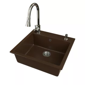   Gránit mosogató EOS Como + kihúzható zuhanyfejes Snake csaptelep + adagoló (kávébarna)