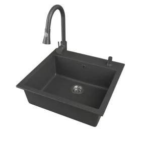   Gránit mosogató EOS Como + Kihúzható zuhanyfejes Snake csaptelep + adagoló + szifon (fekete)