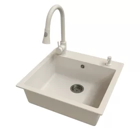   Gránit mosogató EOS Como + Kihúzható zuhanyfejes Snake csaptelep + adagoló + szifon (fehér)