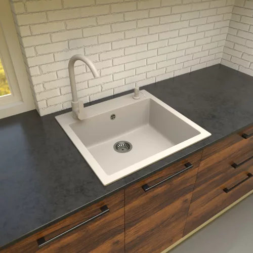 Gránit mosogató EOS Como + Kihúzható zuhanyfejes Shower csaptelep + adagoló + szifon (fehér)