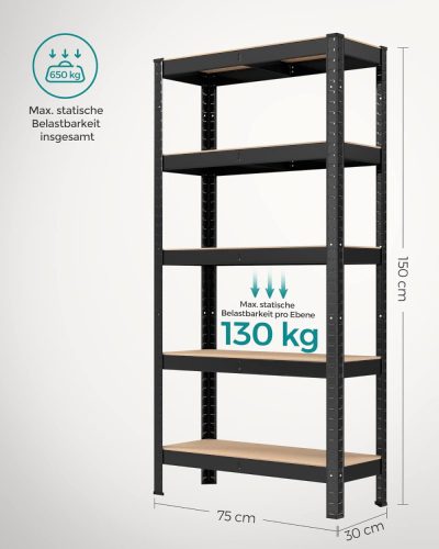 Fém polc / univerzális tároló polc - Vasagle Loft - 75 x 150 x 30 cm