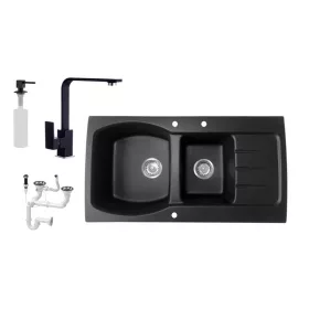   Nero Master Gránit Mosogató + Design Csaptelep + Dugóemelő + Design Adagoló (fekete)