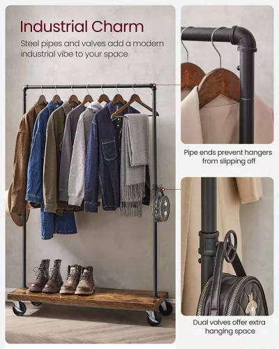 Rusztikus / Industrial ruhatartó állvány görgőkkel 