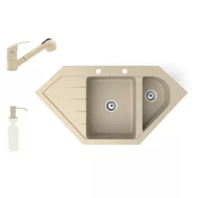   Gránit mosogató NERO Joker + kihúzható zuhanyfejes Shower csaptelep + adagoló (bézs)