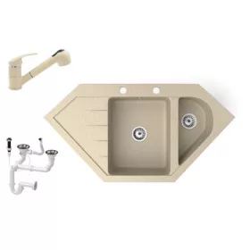   Gránit mosogató NERO Joker + kihúzható zuhanyfejes Shower csaptelep + dugókiemelő (bézs)