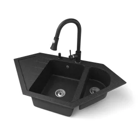   Gránit mosogató NERO Joker + kihúzható zuhanyfejes Snake csaptelep + adagoló (fekete)