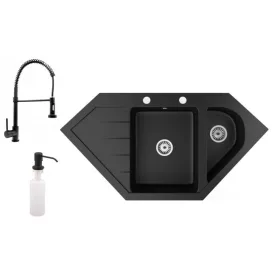   Gránit mosogató NERO Joker + kihúzható zuhanyfejes Spiral csaptelep + adagoló (matt fekete)