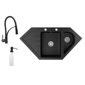   Gránit mosogató NERO Joker + Duo-Flex csaptelep + adagoló (matt fekete)