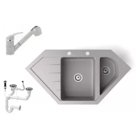   Gránit mosogató NERO Joker + kihúzható zuhanyfejes Shower csaptelep + dugókiemelő (szürke)