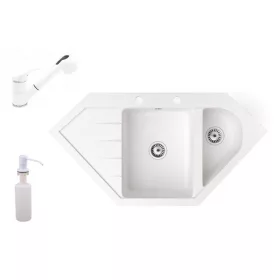   Gránit mosogató NERO Joker + kihúzható zuhanyfejes Shower csaptelep + adagoló (fehér)