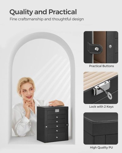 Ékszertartó doboz tükörrel - 6 + 2 szintes - Songmics Home (fekete)