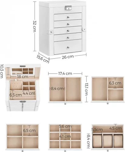 Songmics ékszertartó doboz tükörrel - 6 + 2 szintes (fehér)