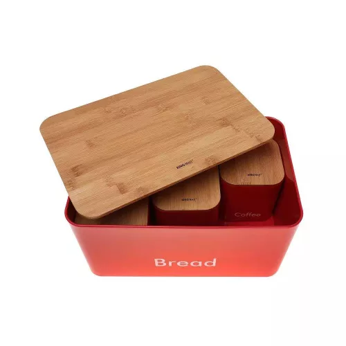 Kinghoff Premium kenyértartó + fűszertartó készlet - rozsdamentes acél / fa - piros (KH-1085)