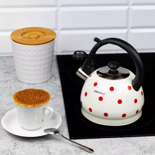 Kinghoff teáskanna, sípszóval, fehér-piros pöttyös, 2.0L (KH-1736)
