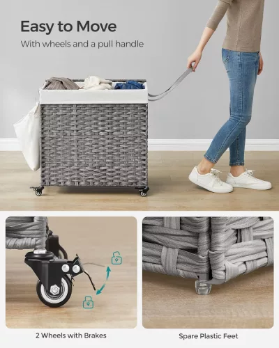 Kerekes polyrattan szennyeskosár - Songmics Home - 140L (szürke) 