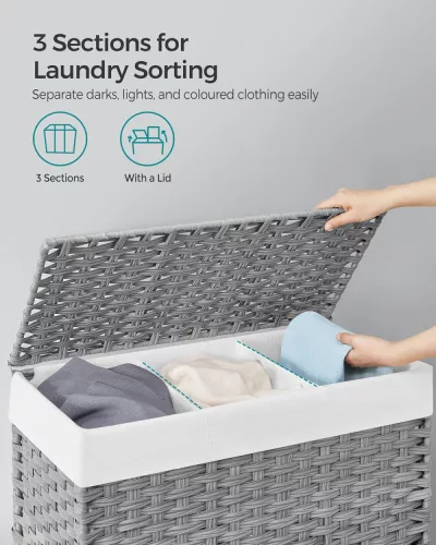 Kerekes polyrattan szennyeskosár - Songmics Home - 140L (szürke) 