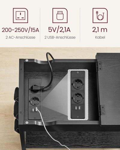 Oldal asztal / éjjeliszekrény - elektromos hálózati és USB csatlakozással (fekete)