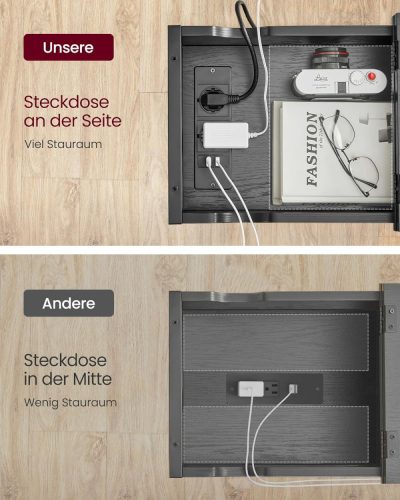 Oldal asztal / éjjeliszekrény - elektromos hálózati és USB csatlakozással (fekete)