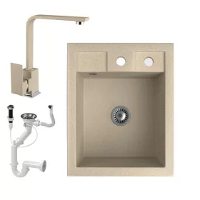   Gránit Mosogató NERO Parma + Design csaptelep + dugóemelő + szifon (bézs)