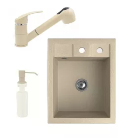   Gránit Mosogató NERO Parma + kihúzható zuhanyfejes Shower csaptelep + adagoló + szifon (bézs)