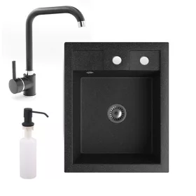   Gránit mosogató NERO Parma + Steel csaptelep + adagoló + szifon (fekete)
