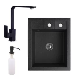   Gránit Mosogató NERO Parma + Design csaptelep + adagoló + szifon (fekete)